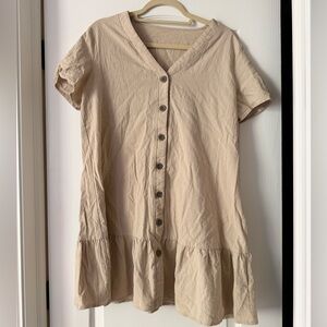 SHEIN L Beige Button-Front Short Sleeve Ruffle-Hem Mini Dress
